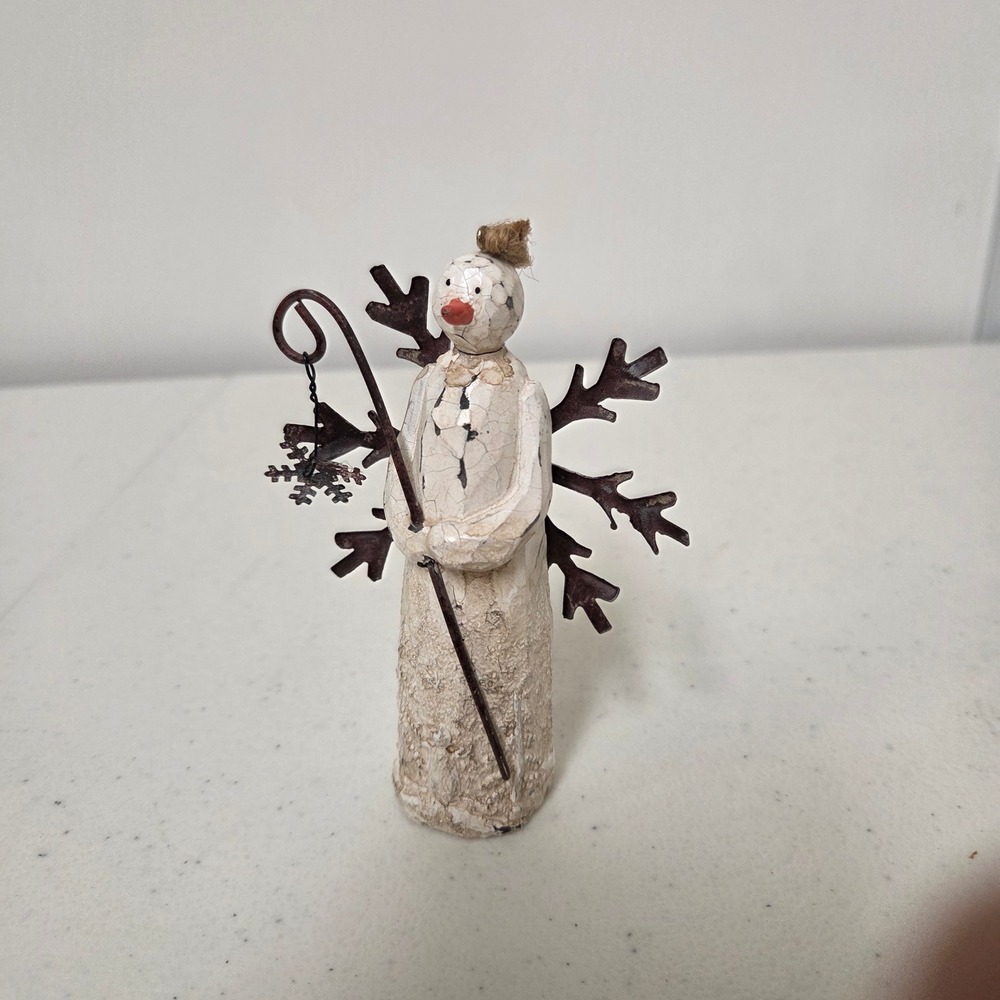 Rustic Snowman Figurine Metal Snowflake Wings Distressed Holiday Decor 5.5 inch
